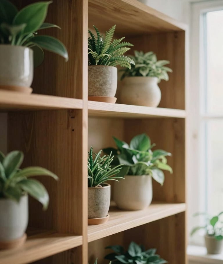 Close-up of a wooden bookshelf with green plants and ceramic pots, warm natural daylight, soft focus