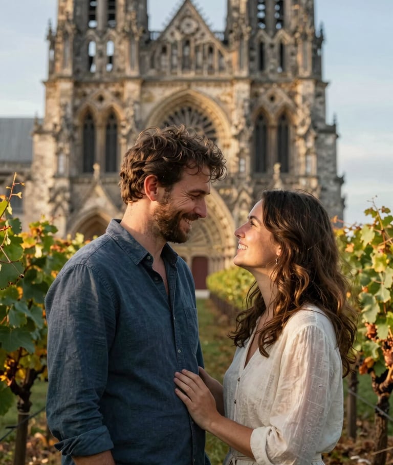 Portrait intimiste d'un couple marchant et riant au cœur des vignes de Reims, lumière de fin de journée chaleureuse, mise au point douce.