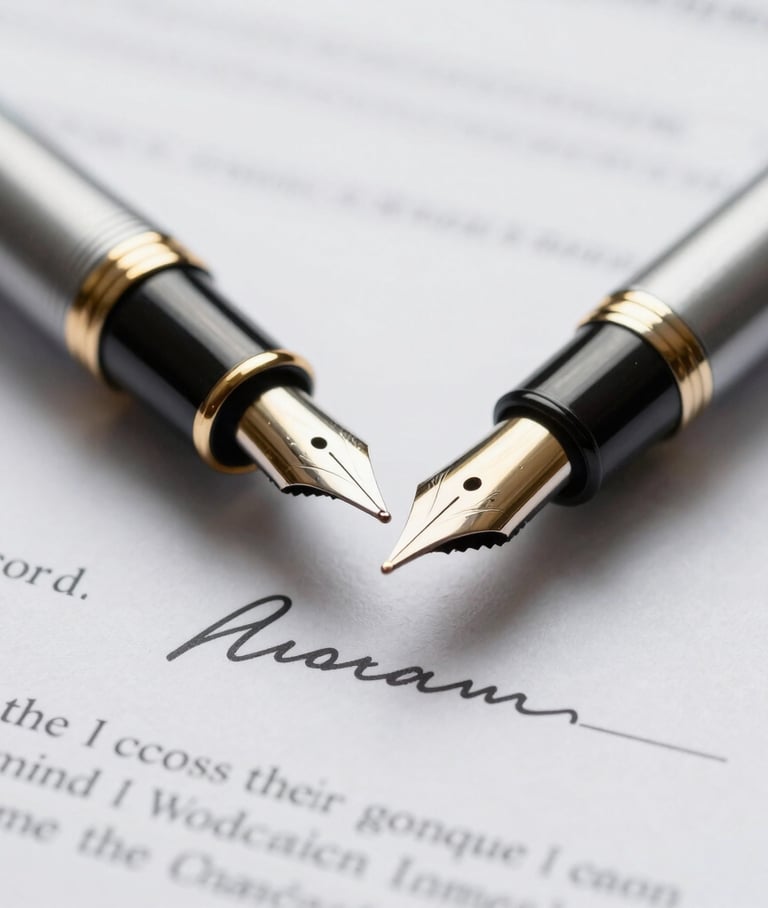 Macro close-up of a fountain pen resting on a clean signature line of a mortgage document, bright daylight, shallow depth of field, professional legal environment.