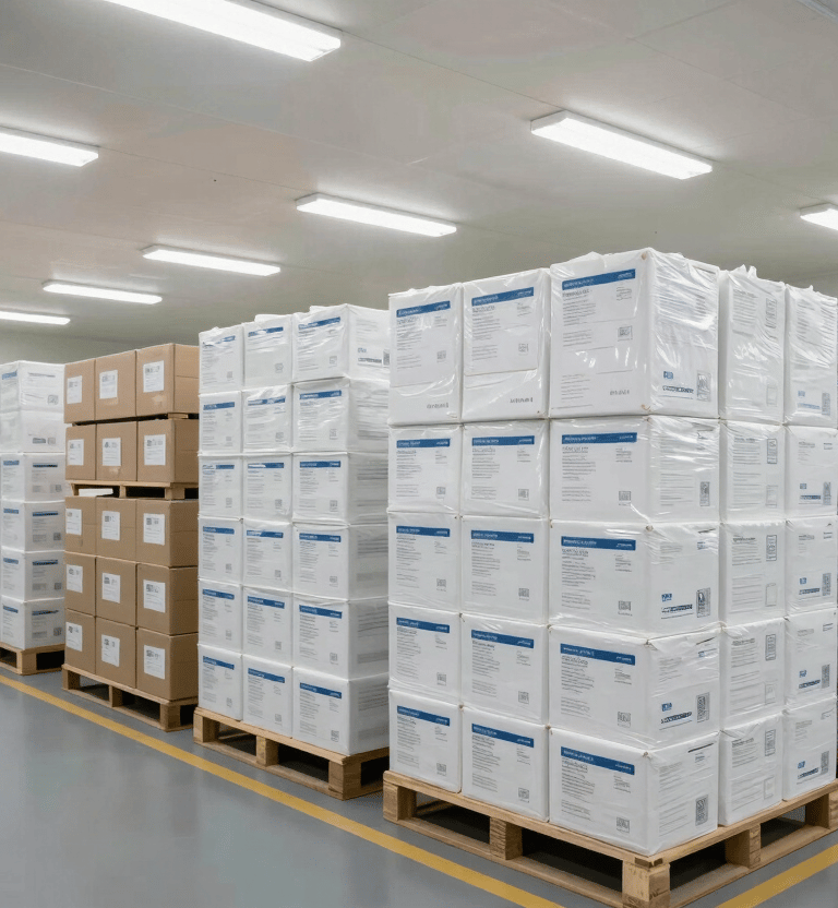 A wide, clean-angle shot of a modern medical supply distribution center. Rows of neatly stacked boxes with professional labeling are visible under bright fluorescent lights in a high-tech North American / US warehouse. The atmosphere is sterile and organized.
