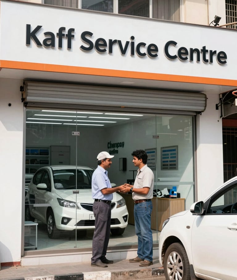 Wide-angle shot of Kaff Service Centre's physical storefront in Dalal Estate, Mumbai Central, with a technician greeting a customer, bright realistic daylight, high-contrast industrial tones, clean depth of field, 35mm