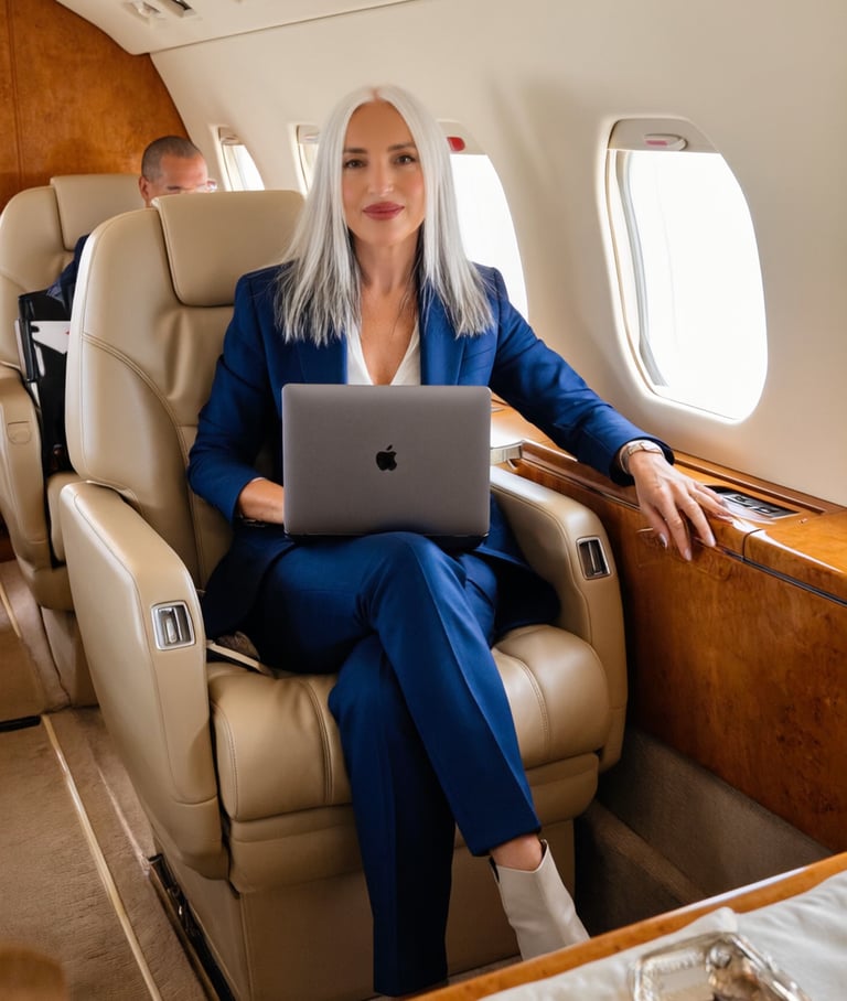 Luxury travel format creator in tailleur bluette, su jet privato con laptop.