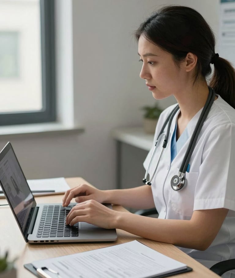 Medium shot of a medical coordinator on a video call at a clinic desk, laptop open, calm natural light from a nearby window, intake form visible on the desk surface, professional and attentive