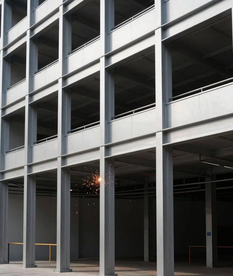 A wide architectural elevation of a modern commercial building with exposed structural steel framing, clean lines, high-contrast daylight, 35mm