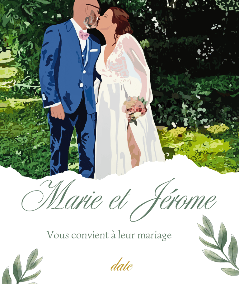 a wedding invitation with a bride and groom