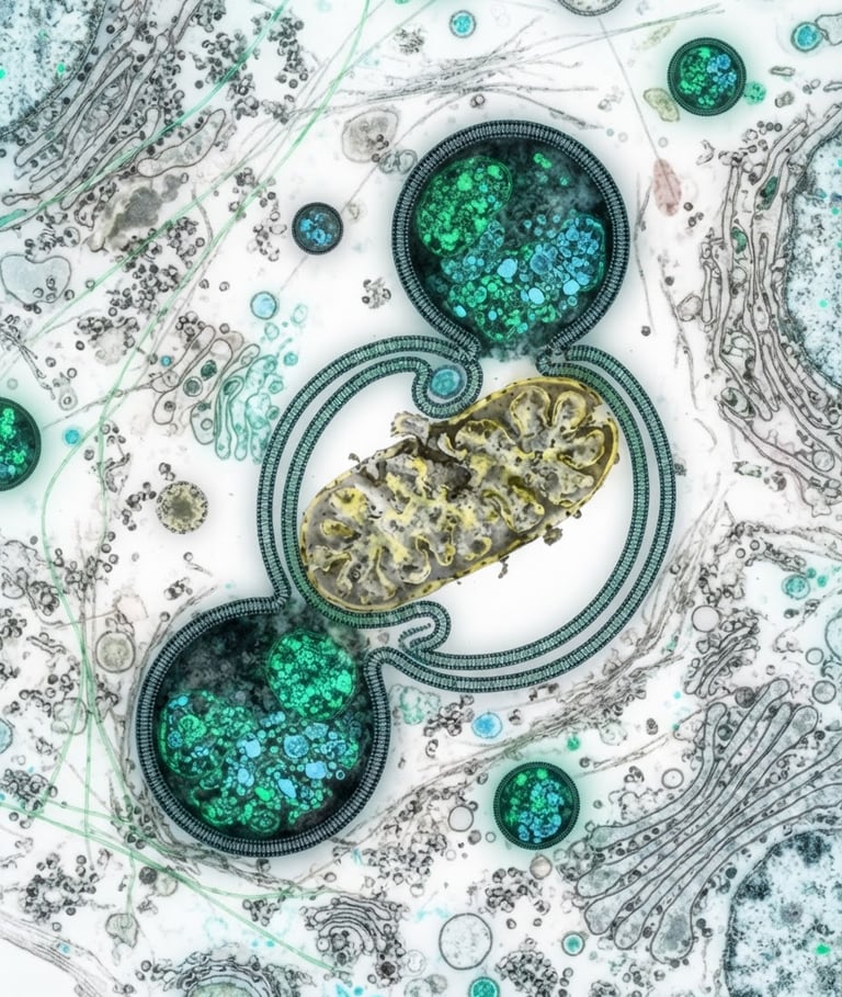 Macro close-up of cellular autophagy process, lysosomes engulfing damaged mitochondria, sterile high-key lighting, 3D molecular render, emerald and sky blue accents.