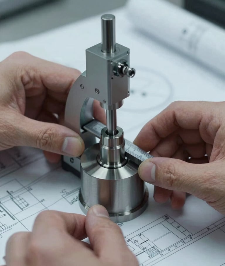 Hands using a digital micrometer to measure the tolerance of a machined cylindrical component, cool overcast workshop lighting, blueprints blurred in the background.