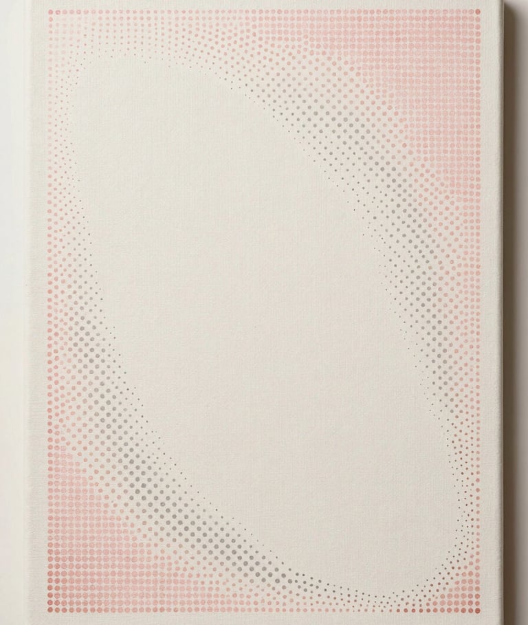Close flatlay of a small pointillist panel, soft rose and grey dots forming an asymmetric arc across ivory ground, diffuse north-facing studio light, the arc opening toward the lower-right corner of the canvas