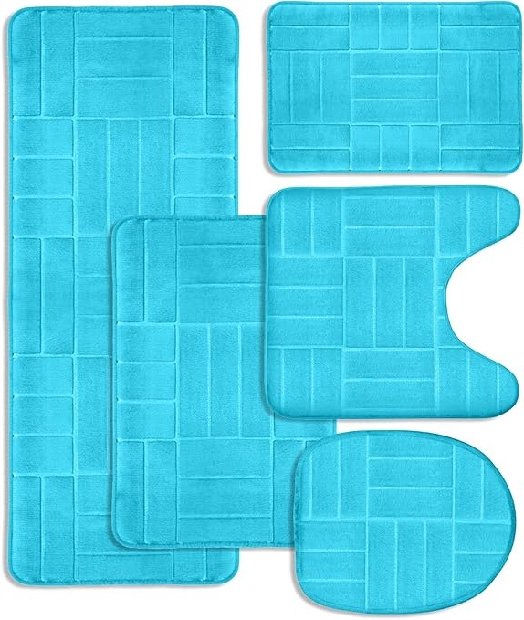 5-piece memory foam bathroom rug set, ultra-soft and absorbent. Includes a runner mat, bath rugs