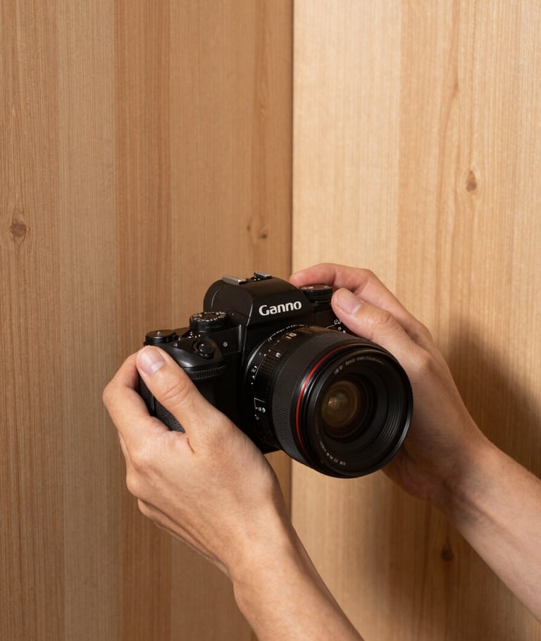 A close-up of hands holding a high-end camera, framing a beautifully finished pine wood wall corner with soft shadows