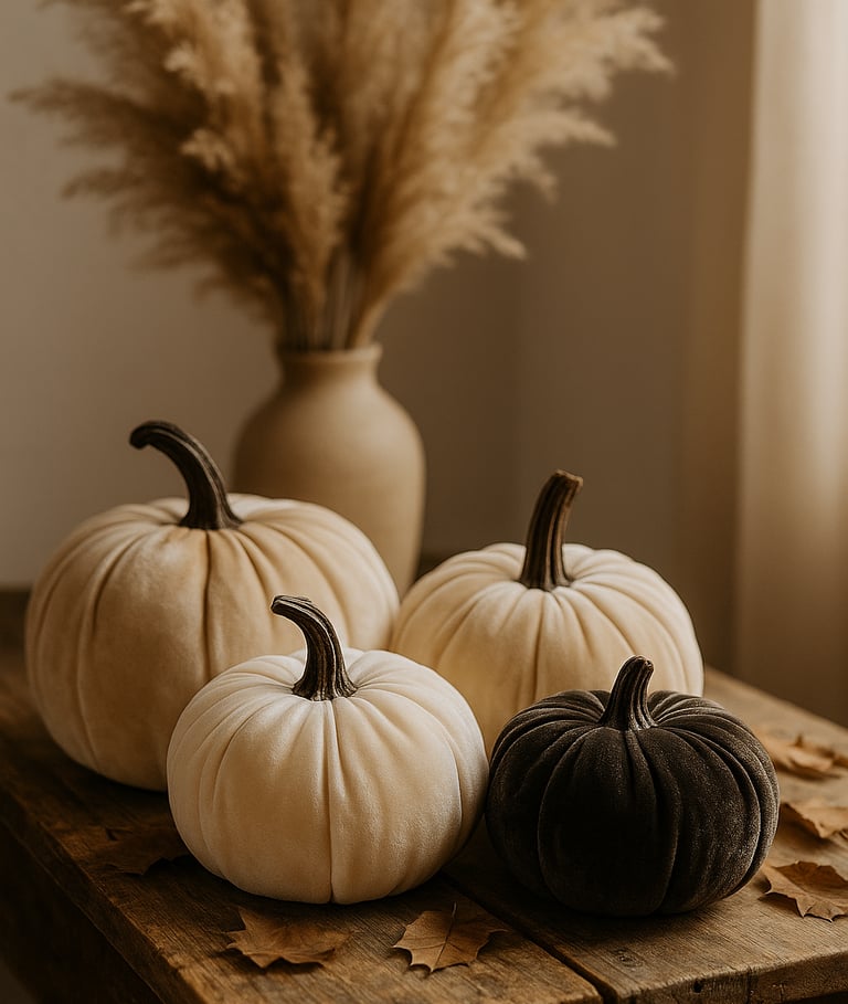 Velvet pumpkins in cream and charcoal arranged with pampas grass for Halloween décor.
