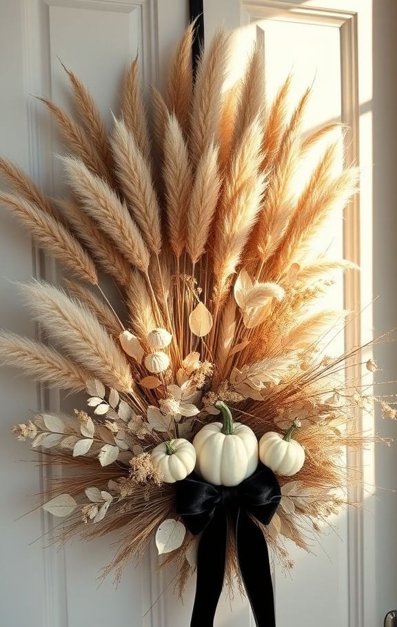 Neutral boho Halloween wreath with pampas grass, dried wheat, white pumpkins, and a black velvet rib