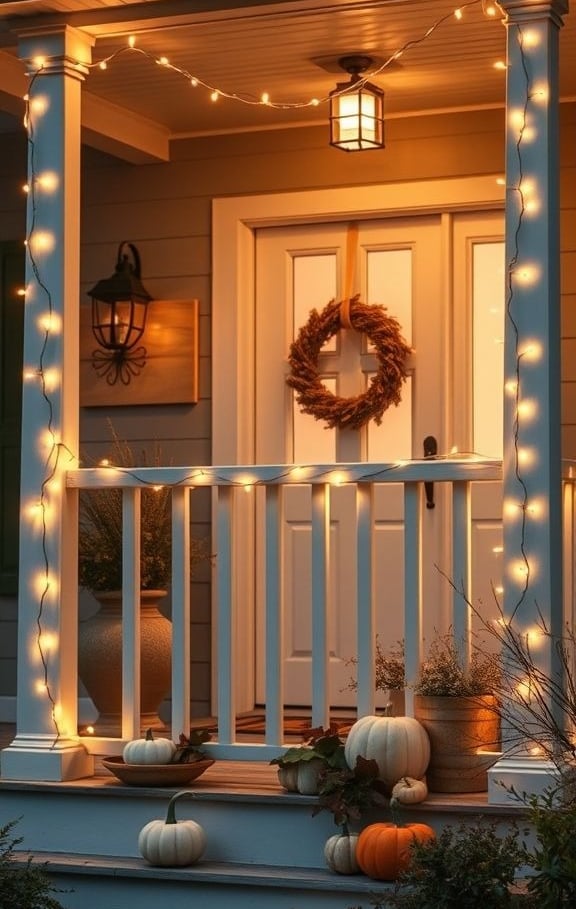 Neutral Halloween porch glowing with warm white string lights and muted pumpkins.