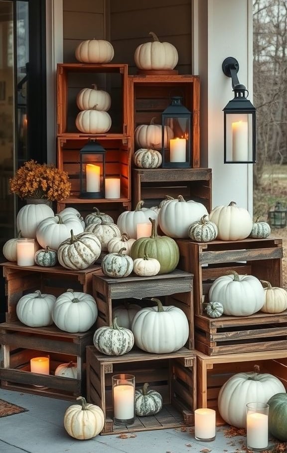 Rustic crates with white pumpkins, lanterns, and candles for Halloween porch décor.