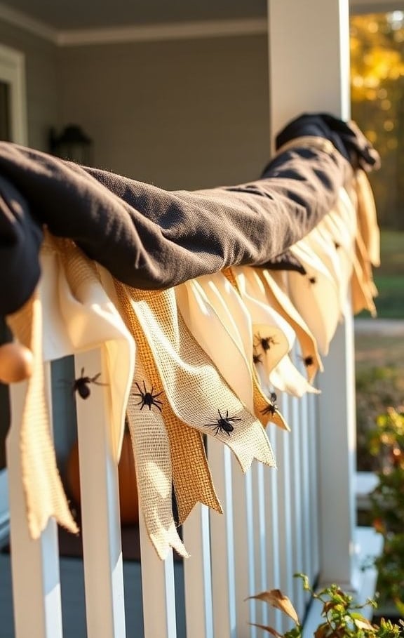 Black, cream, and beige Halloween garland with burlap and wood beads on a porch railing.