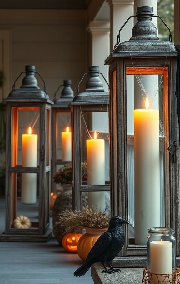 Rustic lanterns with LED candles and subtle Halloween accents on a cozy autumn porch.