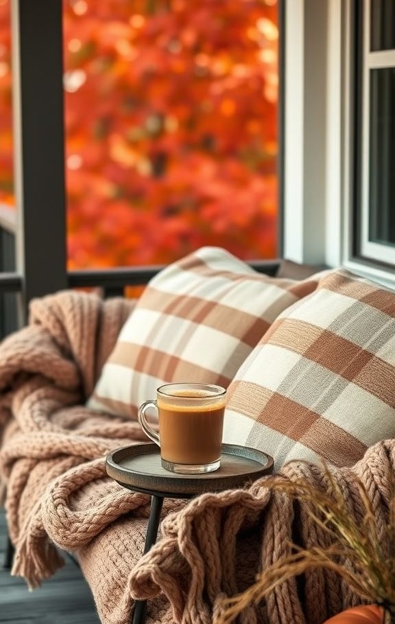 Cozy porch seating with chunky blankets, plaid pillows, and a mug of cider in autumn.