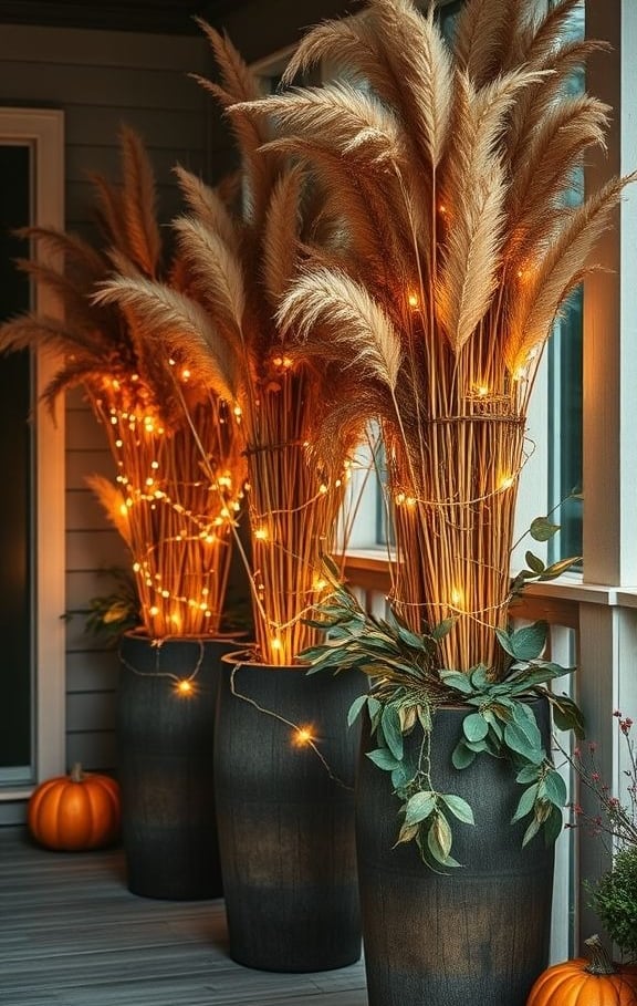 Tall planters with dried corn stalks, pampas grass, and fairy lights on a fall porch.