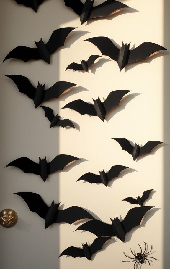 Minimal black bats and subtle spider accents on a neutral front door for Halloween.