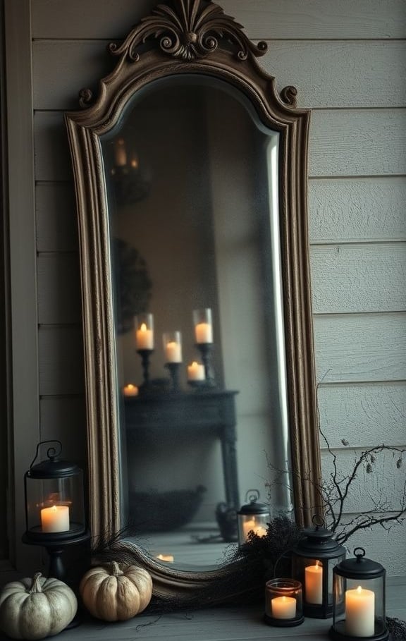 Vintage mirror on porch reflecting candle lanterns with muted Halloween décor.