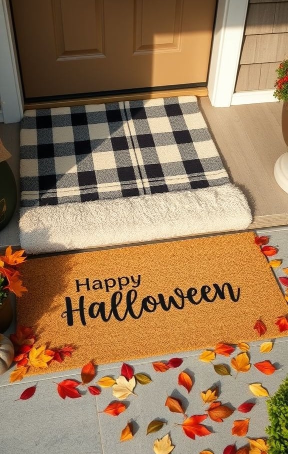 Layered doormat with plaid rug and seasonal Halloween greeting in neutral tones.