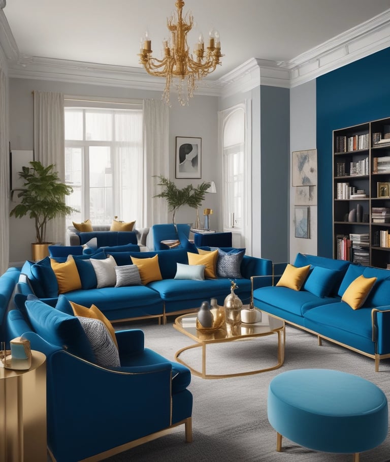a living room with blue couches and a chandelier