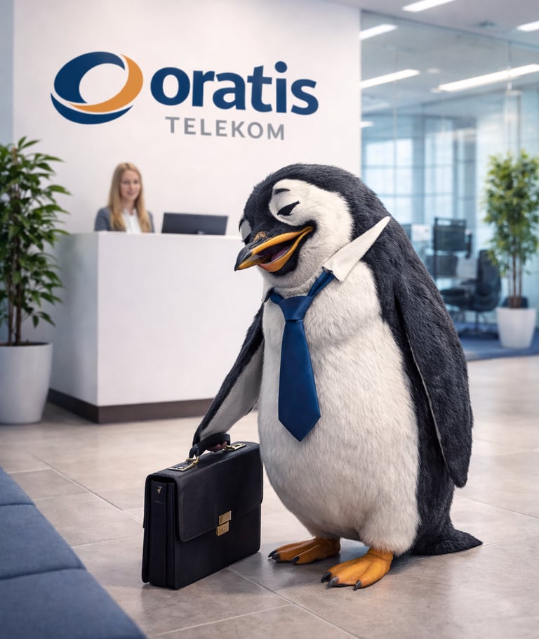 Oratis Telekom ofisinde, iş çantası taşıyan kravatlı penguen maskotu kurumsal atmosferde görülüyor.