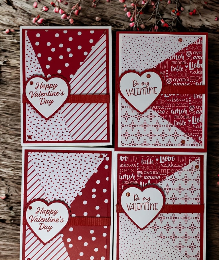 Set of 4 red and white Valentine cards in tri panels
