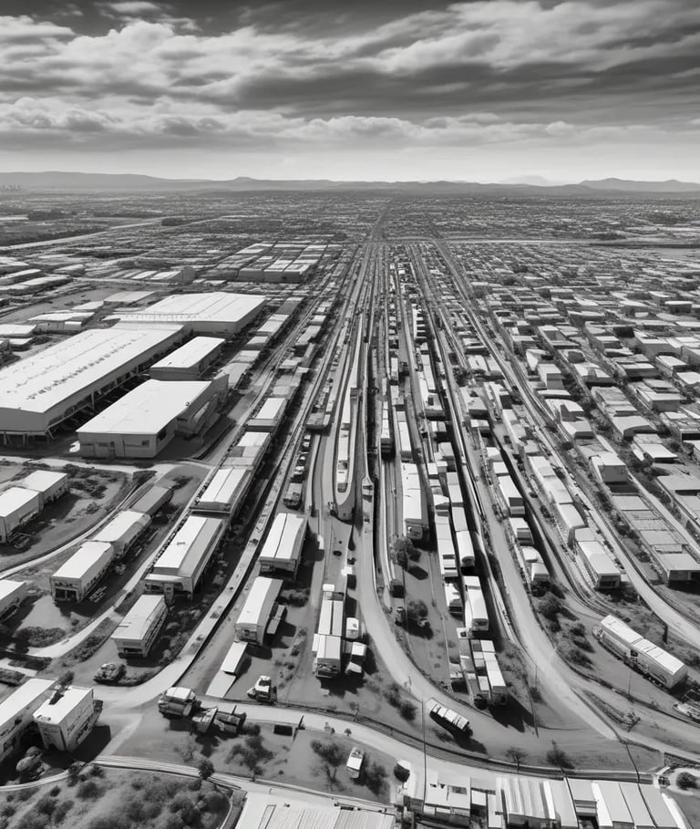 Foto a blanco y negro de un Corredor Industrial, formado por varios Parques Industriales Naves Ind.