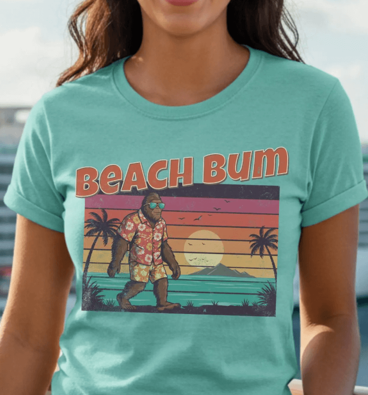 a woman wearing a beach bum t - shirt