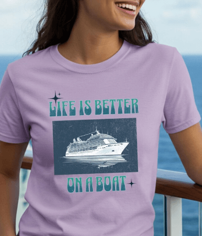 a woman in a purple shirt is smiling and holding a boat