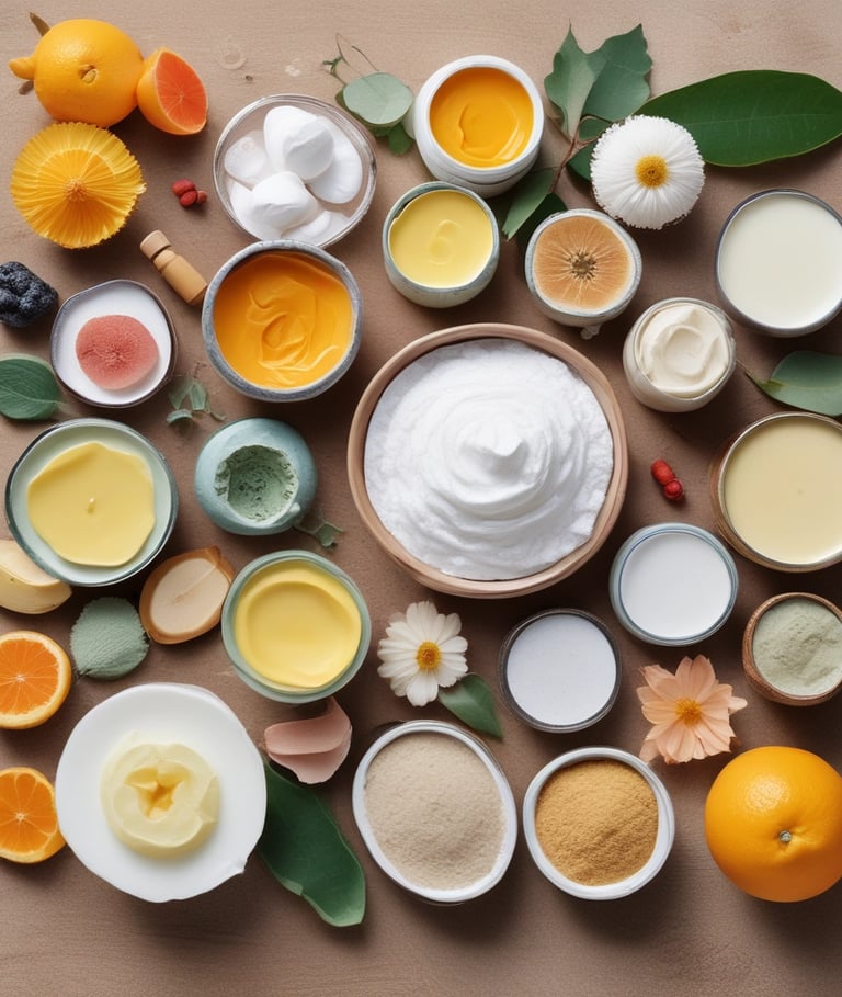 A collection of cosmetic and skincare products laid out on a white surface. These include facial masks, creams, and serums from various brands. The items are casually arranged, with some still in their packaging. The scene includes both rectangular and cylindrical packages with colorful labels.