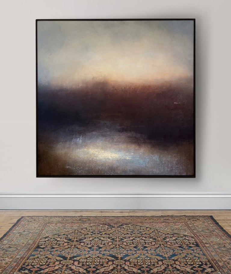 A large abstract landscape painting by British contemporary artist Kerr Ashmore. the artwork is framed on the wall