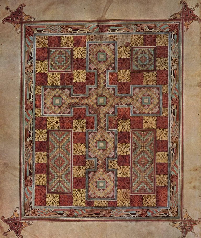 An illuminated page from the Lindisfarne gospels (7th century).