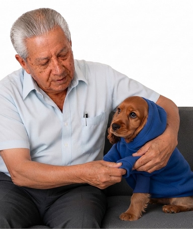 Abuelito colocándole una sudadera azul a un cocker spaniel sentados en un sillon gris