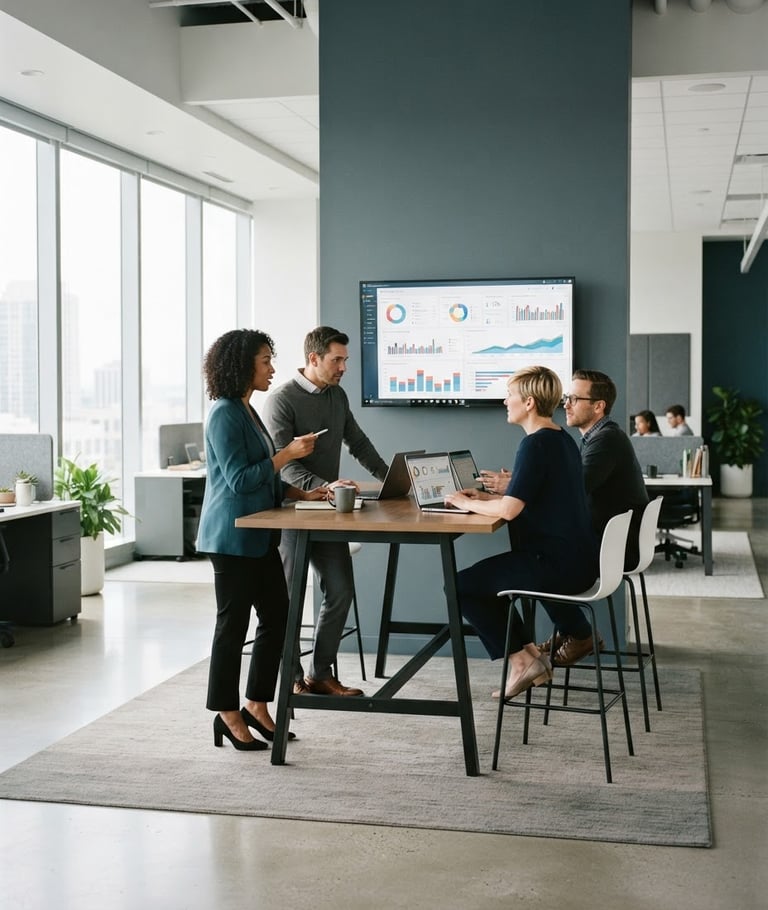 Modern collaborative office space, professionals discussing data on large screens, bright natural daylight, cool slate and teal tones, sharp editorial photography, 35mm lens.