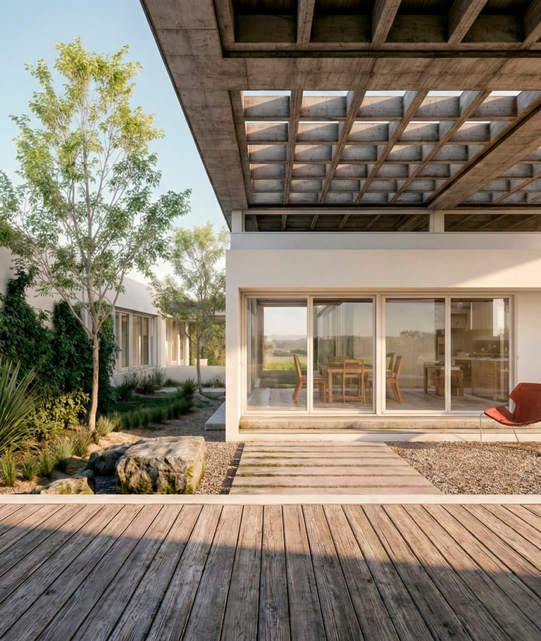 galería moderna con patio interno y casa con gran ventanal. arquitectura con sentido.