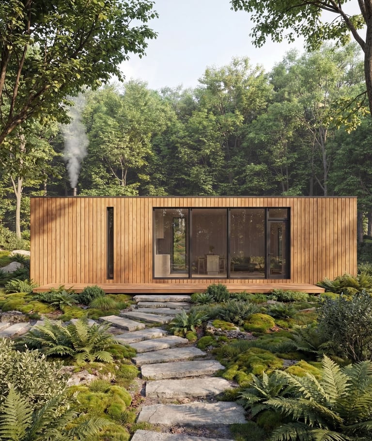 Luxury modern cabin exterior with clean lines and outdoor deck in forest setting