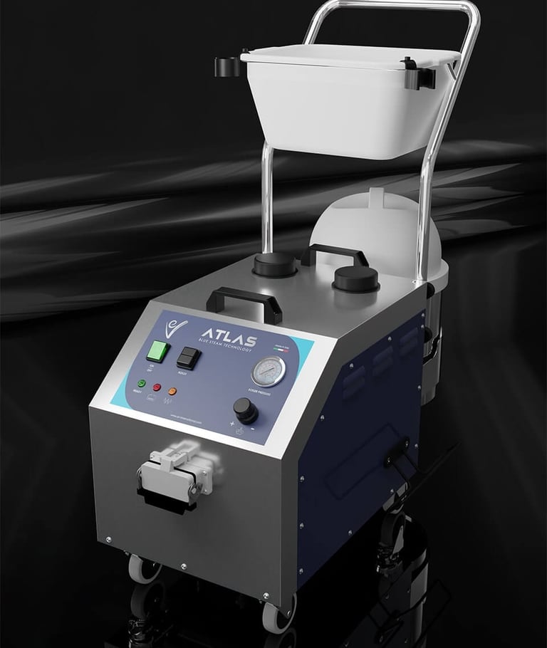 Profesjonalna stacja parowa EV Atlas dla biznesu. System czyszczenia i dezynfekcji suchą parą dla hoteli i autodetailingu.