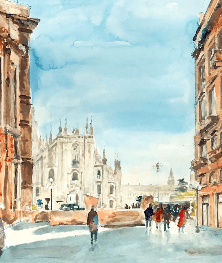 a painting of a city street scene with people walking down the street
