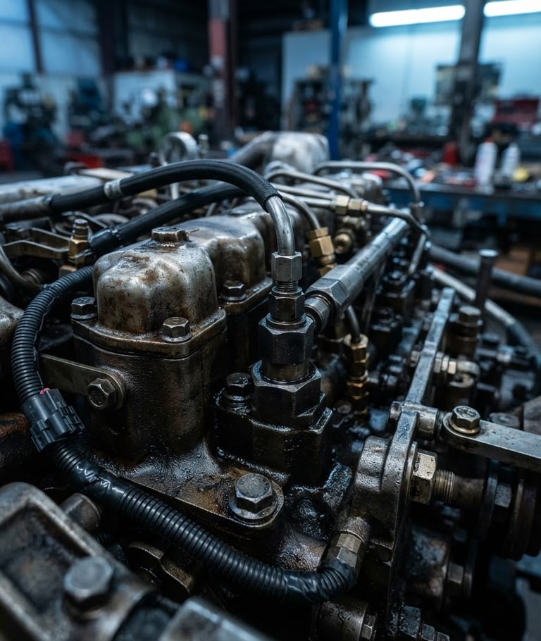 Tight close-up of heavy-duty truck engine components, sharp industrial photography, cool warehouse lighting, high-contrast steel and mechanical parts, crisp details, 50mm, bleeding right edge.