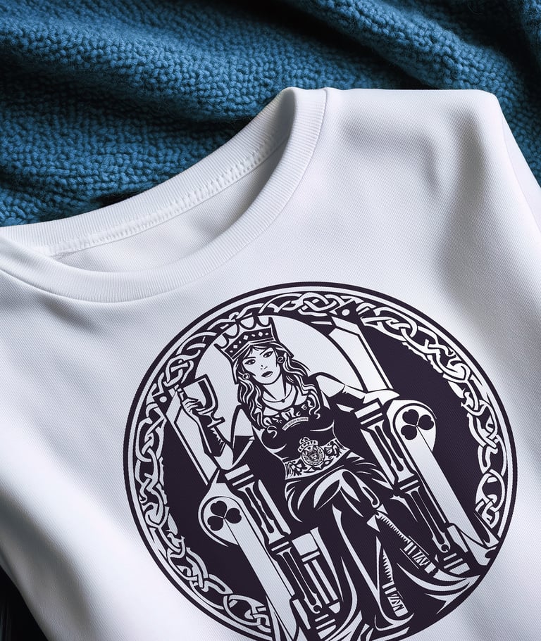 Un tee-shirt plié blanc avec un logo d'une Queen Maeve