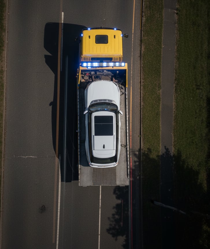 Recovery Truck towed Vehicle on Road