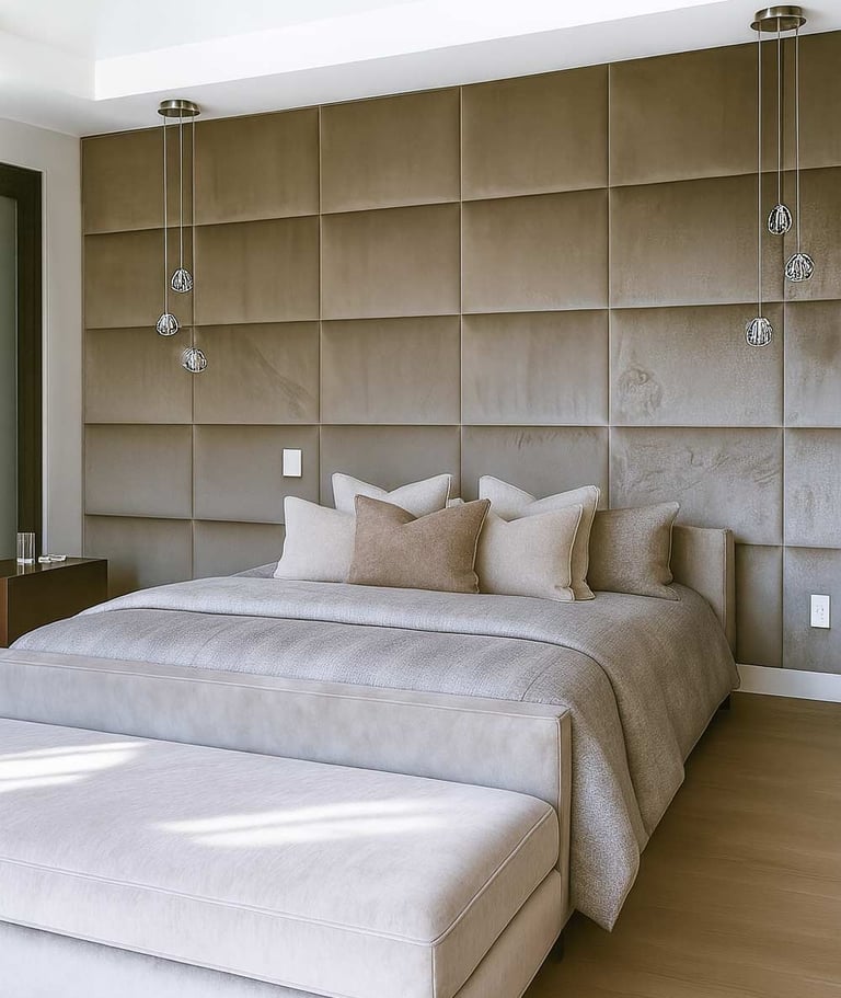 Modern bedroom with full-wall panels and a bench at the foot of a California king bed by Solo Home Decor