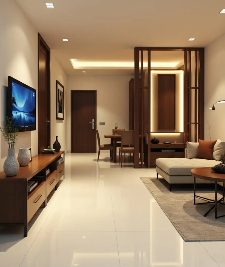 Modern living room interior with wooden furniture, TV console, and warm ambient lighting.