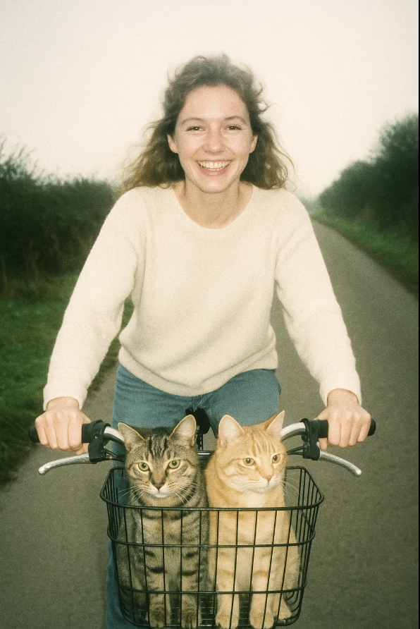 Une jeune femme se balade à vélo avec deux chats pour la journée internationale du chat.