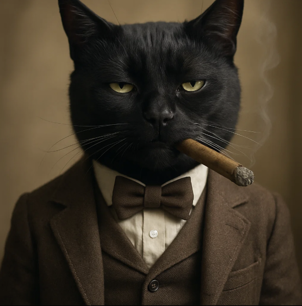 Un chat noir en costume avec un cigare pour la journée internationale des chats.
