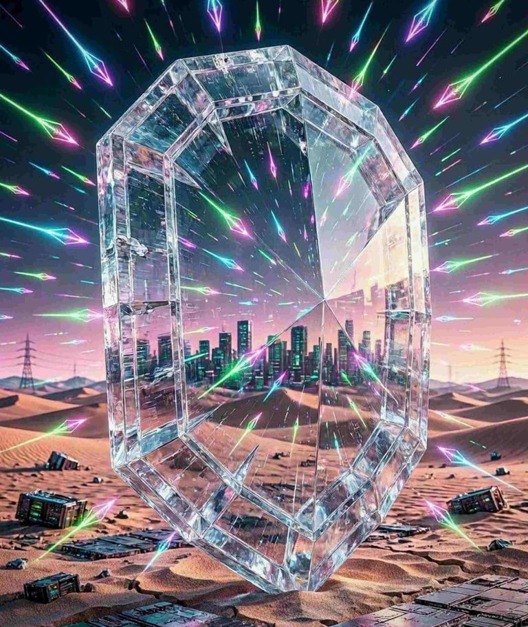 A tall, vertical crystalline shield standing in the center of a dark cyber-desert.