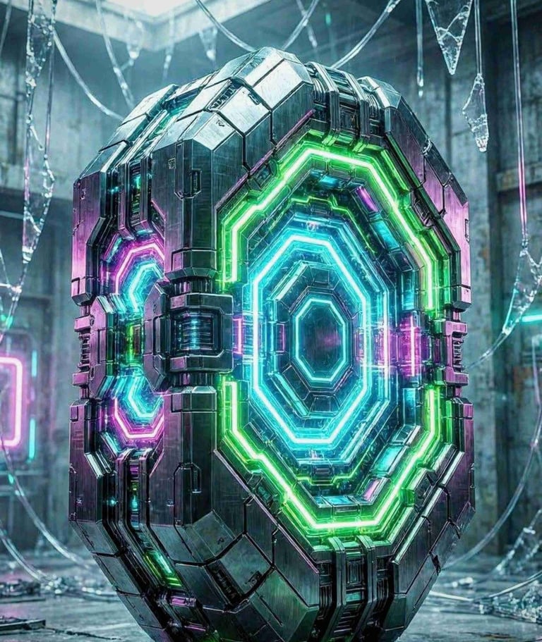 A dense, self-contained mechanical monolith glowing from within, standing completely isolated.