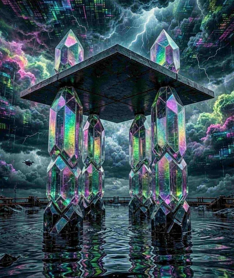 Four large crystalline pillars rising from a dark liquid floor.